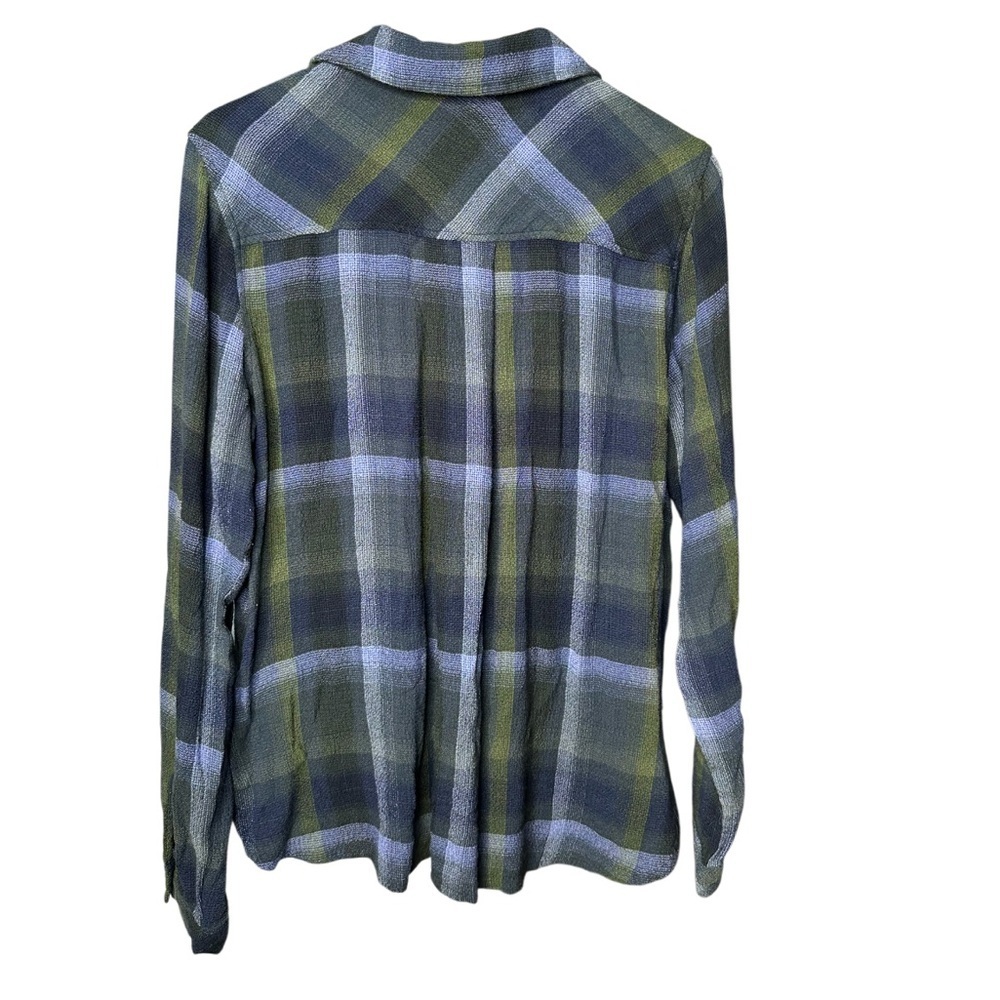 Cloth & Stone | Blue Olive Plaid Button Down Blouse | Rayon Blend | Size L - Picture 4 of 7